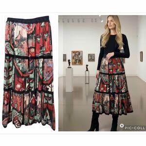 VTG Platinum Dorothy Schoelen Small Velvet Trim Tiered Artsy Art Deco Midi Skirt